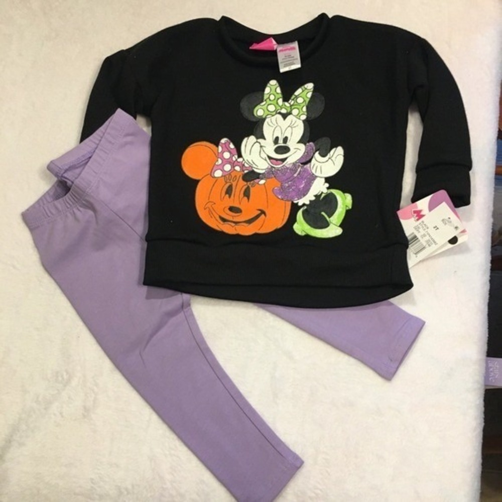 Disney Minnie Mouse Halloween Set Toddler 2T Black Purple NWT Pumpkin Glitter